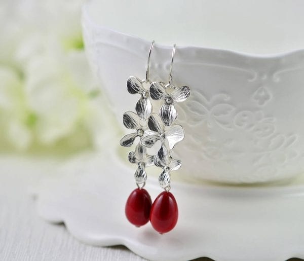 Silver Flower Cascading Earrings - Red Drop, Silver Leaf, Bridesmaids 54