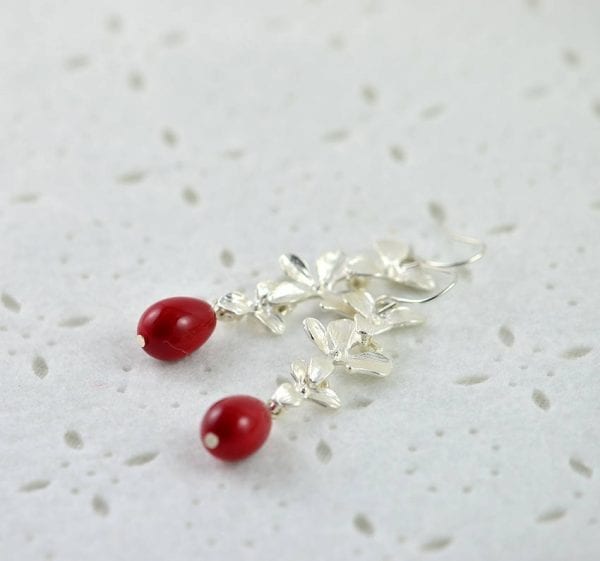 Silver Flower Cascading Earrings - Red Drop, Silver Leaf, Bridesmaids 55