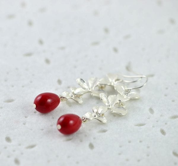Silver Flower Cascading Earrings - Red Drop, Silver Leaf, Bridesmaids 56