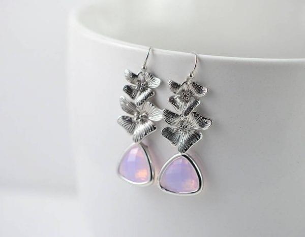 Silver Flower Pink Earrings - Triangle, Bridesmaids, Crystal Glass, Modern 51