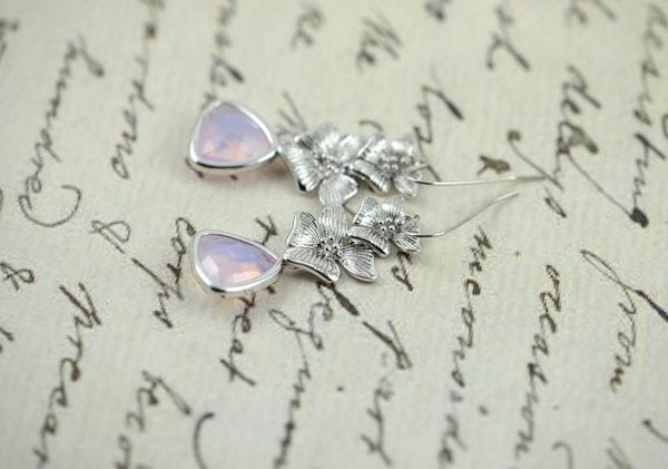 Silver Flower Pink Earrings - Triangle, Bridesmaids, Crystal Glass, Modern 52