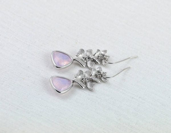 Silver Flower Pink Earrings - Triangle, Bridesmaids, Crystal Glass, Modern 53