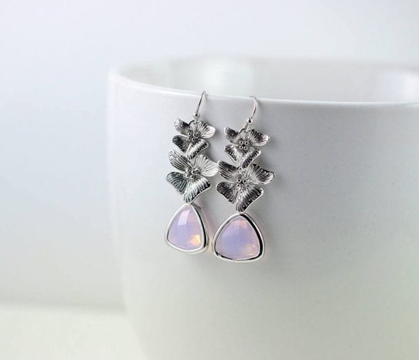 Silver Flower Pink Earrings - Triangle, Bridesmaids, Crystal Glass, Modern 54