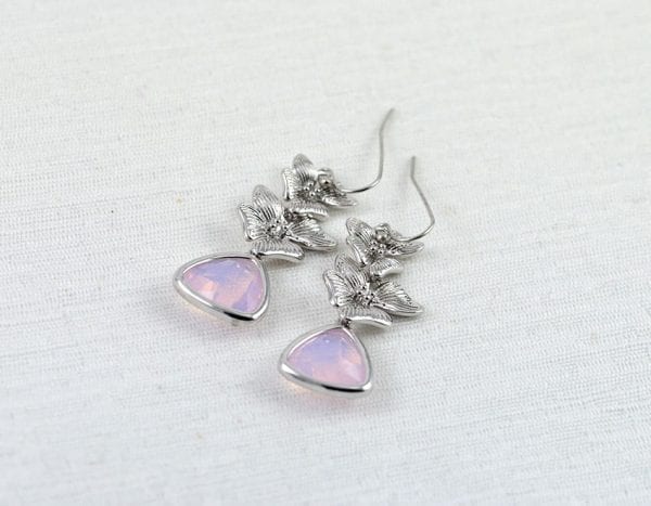 Silver Flower Pink Earrings - Triangle, Bridesmaids, Crystal Glass, Modern 55