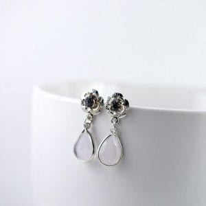 Silver Flower Lavender Earrings - Lilac Purple, Bridesmaids, Crystal Drop 45