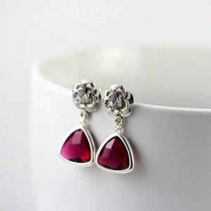 Silver Ruby Stud Floral Earrings