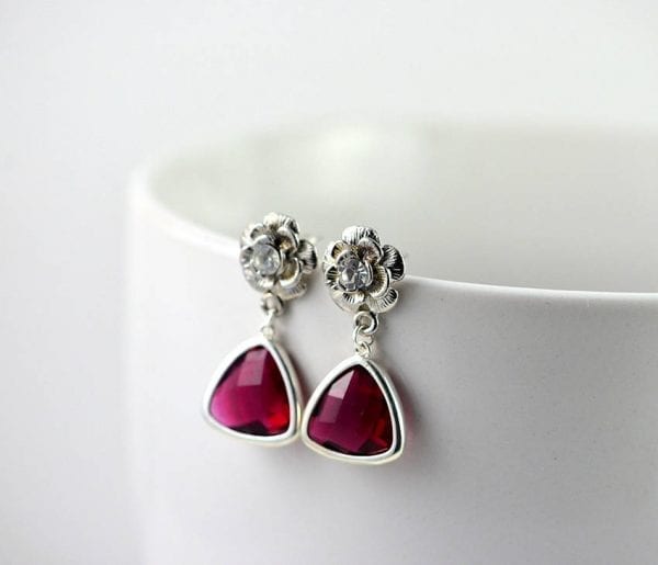 Silver Ruby Stud Floral Earrings