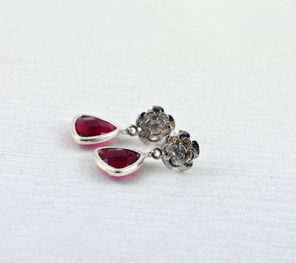 Silver Ruby Stud Floral Earrings - Bridesmaids, Crystal, Modern