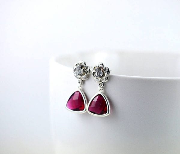 Silver Ruby Stud Floral Earrings - Bridesmaids, Crystal, Modern