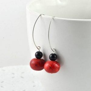 Simple Coral Gemstone Earrings - Long Dangle, Black Silver Earrings 1