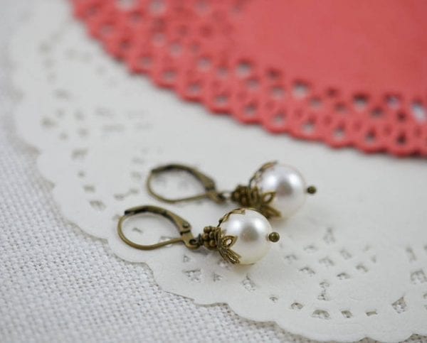 Swarovski Pearl Vintage Earrings - White Pearl, Bronze, Wedding