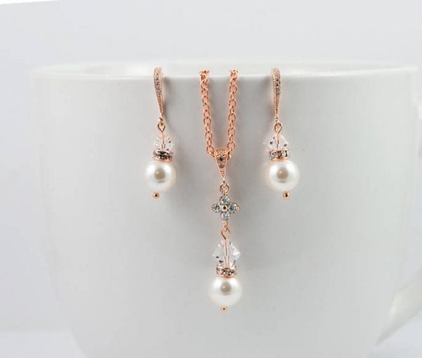 Swarovski Pearl Jewelry Set - Rose Gold Wedding jewelry 53