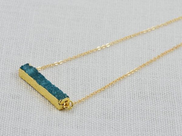 Turquoise Druzy Bar Gold Necklace - Gemstone Jewellery, Druzy Pendant 51
