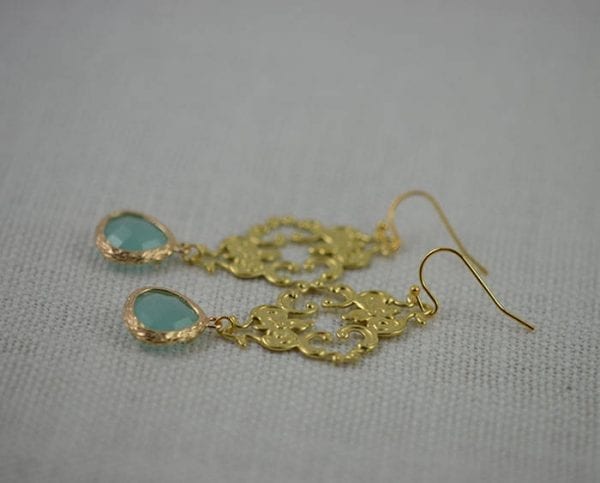 Turquoise Gold Chandelier Earrings - Filigree, Green, Drop, Bridesmaid 1