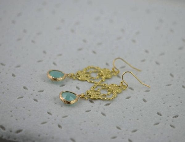 Turquoise Gold Chandelier Earrings - Filigree, Green, Drop, Bridesmaid 2