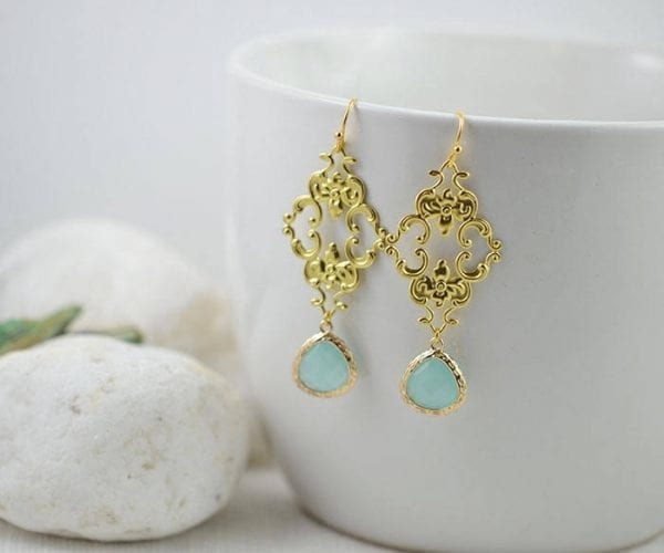 Turquoise Gold Chandelier Earrings - Filigree, Green, Drop, Bridesmaid 53
