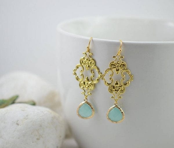 Turquoise Gold Chandelier Earrings - Filigree, Green, Drop, Bridesmaid 54