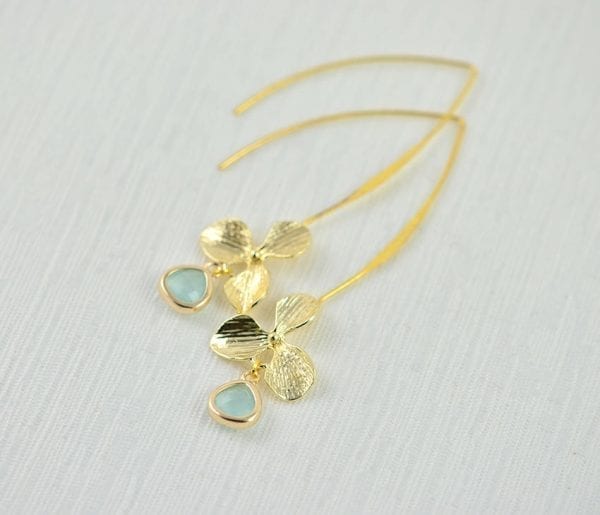 Turquoise Gold Flower Earrings - Drop Earrings, Light Gold Bridesmaids Jewellery, Light Weight Leaf Dangle Beach Turquoise Opal Earrings 51