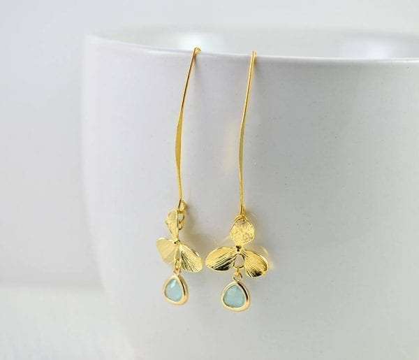 Turquoise Gold Flower Earrings - Drop Earrings, Light Gold Bridesmaids Jewellery, Light Weight Leaf Dangle Beach Turquoise Opal Earrings 2