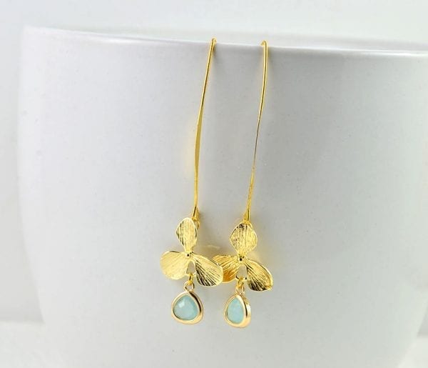 Turquoise Gold Flower Earrings - Drop Earrings, Light Gold Bridesmaids Jewellery, Light Weight Leaf Dangle Beach Turquoise Opal Earrings 3