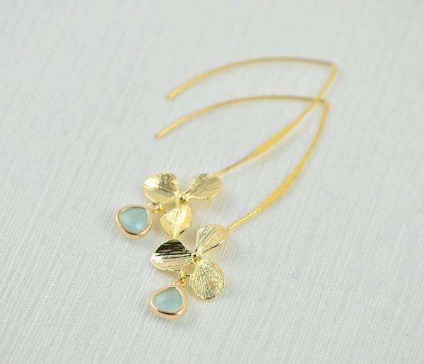 Turquoise Gold Flower Earrings - Drop Earrings, Light Gold Bridesmaids Jewellery, Light Weight Leaf Dangle Beach Turquoise Opal Earrings 54