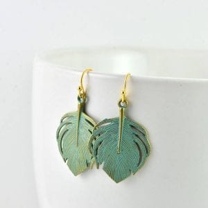 Turquoise Leaf Dangle Gold Earrings - Vintage Style, Simple Everyday 18
