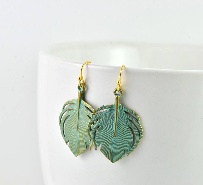 Wedding Gift,Natural Peridot And Turquoise Leaf Long Stud Earrings 925  Sterling — Discovered