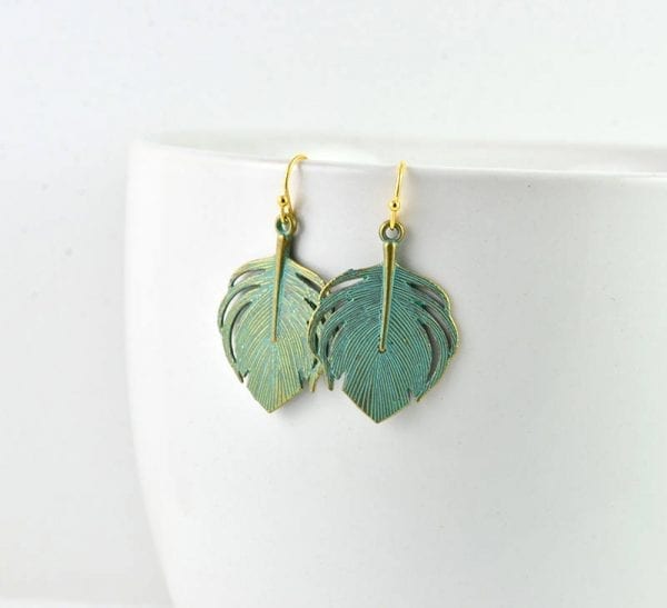 Turquoise Leaf Dangle Gold Earrings - Vintage Style, Simple Everyday 53