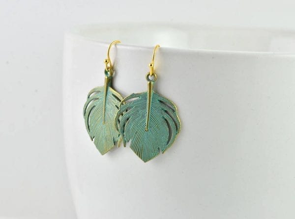 Turquoise Leaf Dangle Gold Earrings - Vintage Style, Simple Everyday 54