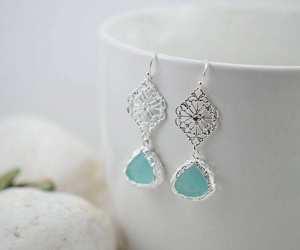 Turquoise Silver Earrings - Bridesmaids, Drop, Filigree