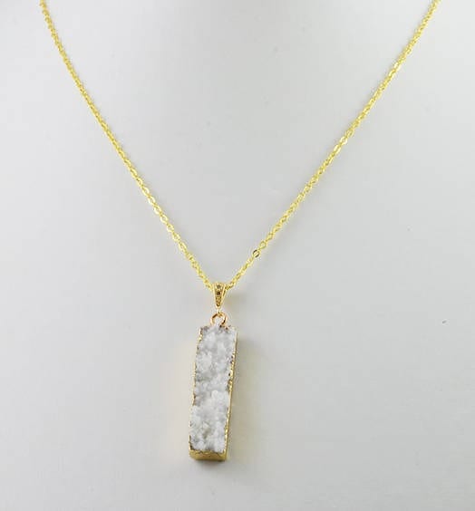 White Druzy Gold Necklace - Bar Necklace, White Gemstone Necklace, Druzy Jewellery, Druzy Pendant 2