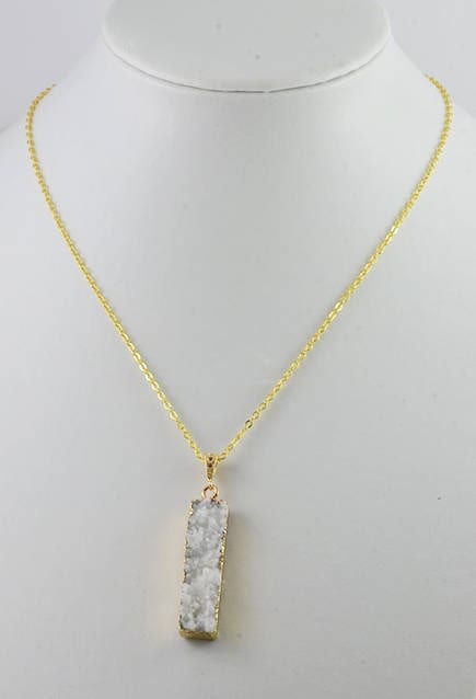 White Druzy Gold Necklace - Bar Necklace, White Gemstone Necklace, Druzy Jewellery, Druzy Pendant 54