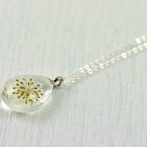 White Real Flower Teardrop Necklace - Dried Flower, Pressed Flower, Terrarium Glass 51