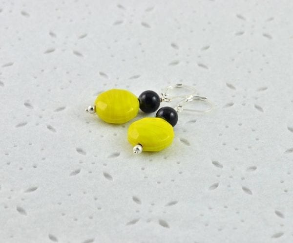 Yellow Black Glass Earrings - Minimalist, Round Dangle Drop