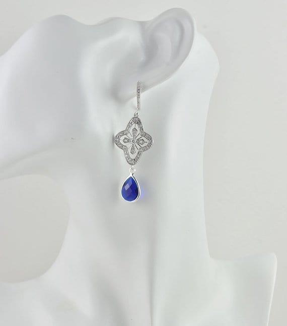 Dark Blue Wedding Earrings - Bridal Silver Drop Sapphire 54