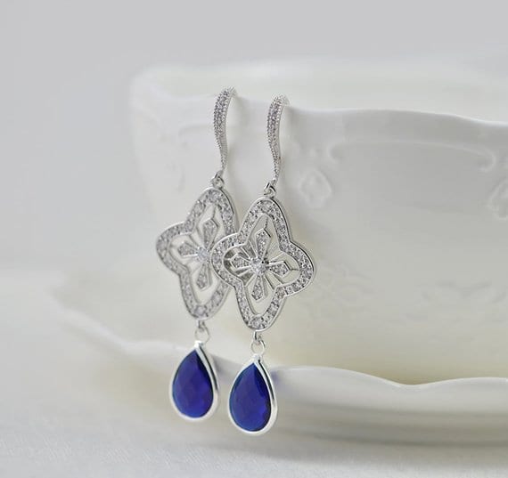 Dark Blue Wedding Earrings - Bridal Silver Drop Sapphire 3