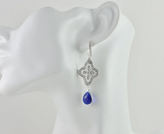 Dark Blue Wedding Earrings - Bridal Silver Drop Sapphire 52