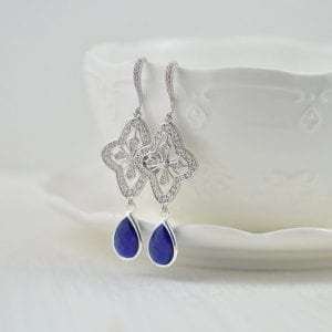 Bridal Silver Drop Sapphire Dark Blue Wedding Earrings