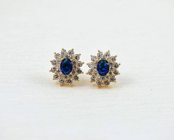 Sapphire Stud Bridal Wedding Earrings - Gold, Royal Blue 5