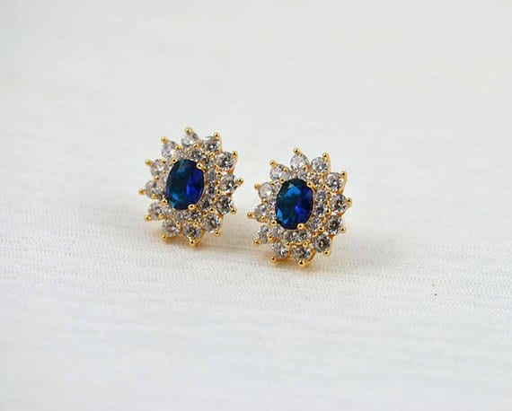 Sapphire Stud Bridal Wedding Earrings - Gold, Royal Blue 3