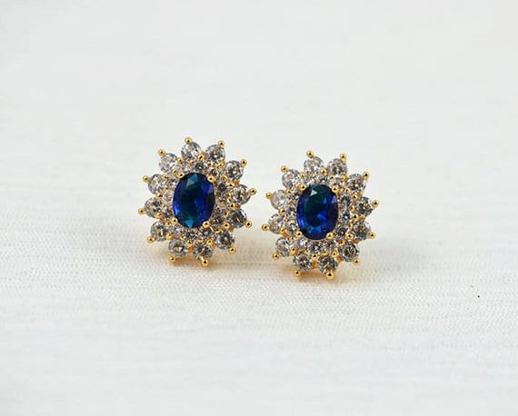 Sapphire Stud Bridal Wedding Earrings - Gold, Royal Blue 52