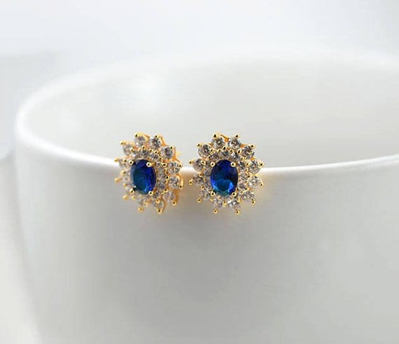Sapphire Stud Bridal Wedding Earrings - Gold, Royal Blue 51