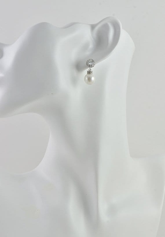 Silver Bridal Cubic Zirconia Crystal Swarovski Pearl Earrings 54