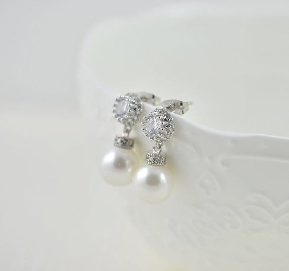 Silver Bridal Cubic Zirconia Crystal Swarovski Pearl Earrings 51