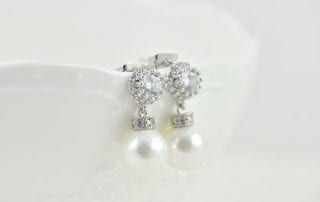 Silver Bridal Cubic Zirconia Crystal Swarovski Pearl Earrings
