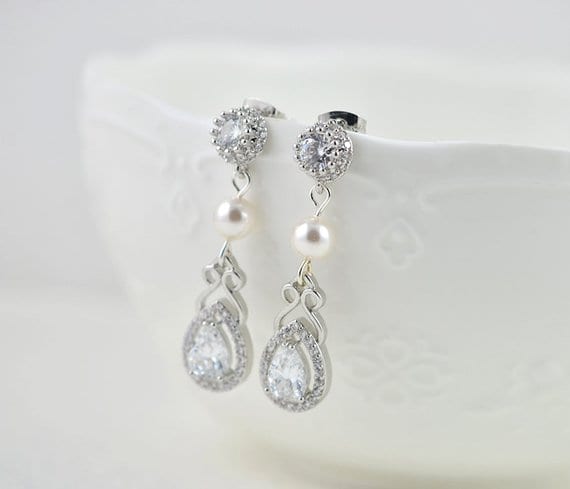 Silver Bridal Pearl Drop Cubic Zirconia Wedding Earrings With Swarovski Pearls 54