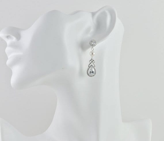 Silver Bridal Pearl Drop Cubic Zirconia Wedding Earrings With Swarovski Pearls 2