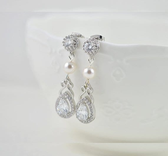 Silver Bridal Pearl Drop Cubic Zirconia Wedding Earrings With Swarovski Pearls 1