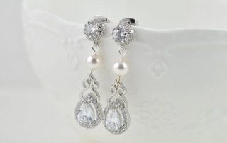 Silver Bridal Pearl Drop Cubic Zirconia Wedding Earrings Swarovski Pearls