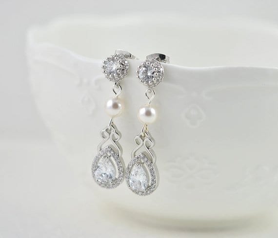 Silver Bridal Pearl Drop Cubic Zirconia Wedding Earrings Swarovski Pearls